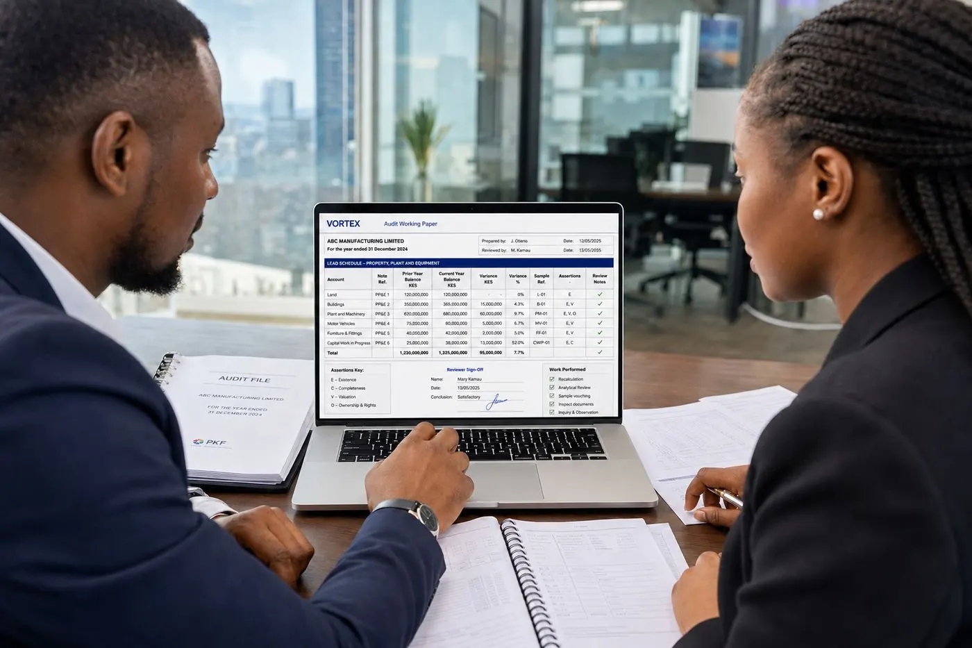 Illustration of an audit desk with engagement files on a screen. Not a photograph of a firm or of Vortex staff.