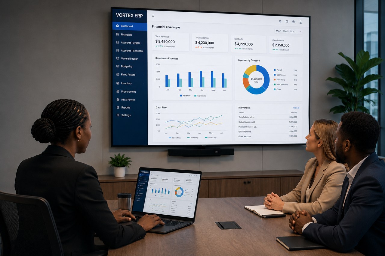 A leadership team reviewing the VortexERP executive dashboard on the boardroom screen