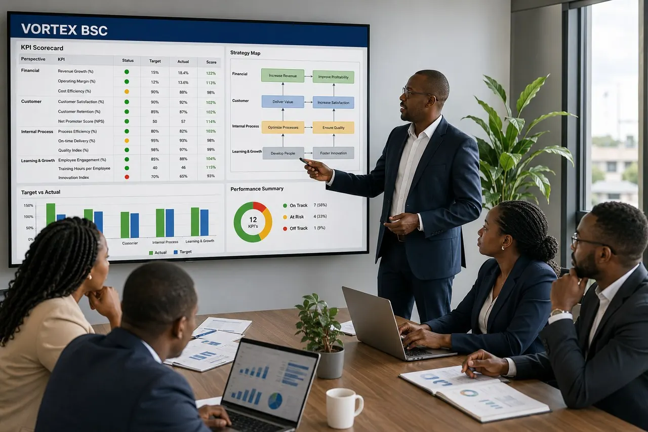 An illustration of a scorecard on a boardroom screen. Not a photograph of a Vortex team or a customer.