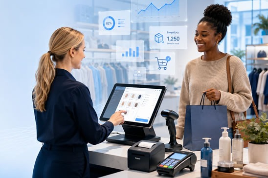 Retail associate helping a customer with live inventory and sales insights on screen