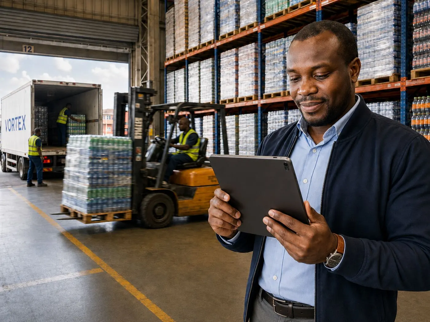 Illustration of a distribution bay and a tablet. Not a photograph of a depot or of staff.