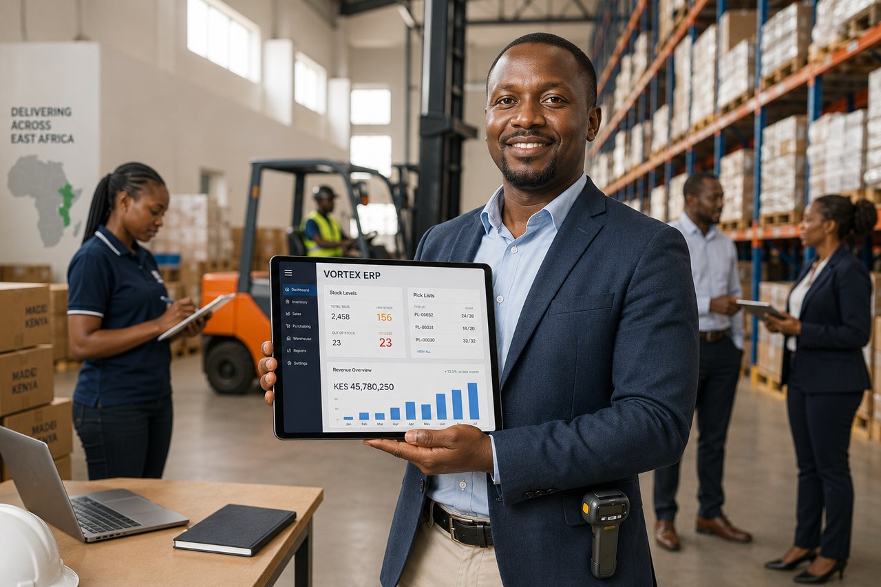 A distribution manager holding a tablet showing the VortexERP warehouse dashboard on the warehouse floor