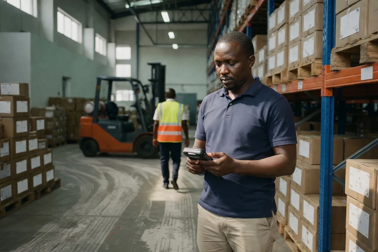 A supervisor mid-count with a handheld scanner beside warehouse racking. An illustration, not a photograph of Vortex staff or a customer site.