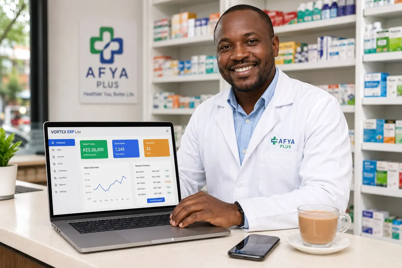 An illustration of a shop workspace on a laptop. Not a photograph of a pharmacy owner or a customer.