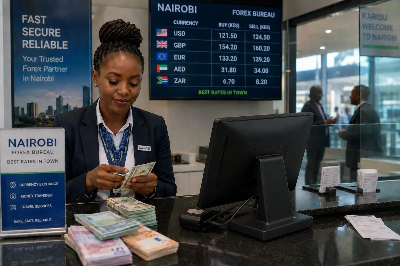 Illustration of a forex rate board and a double-leg till. Not a photograph of a teller or a customer.