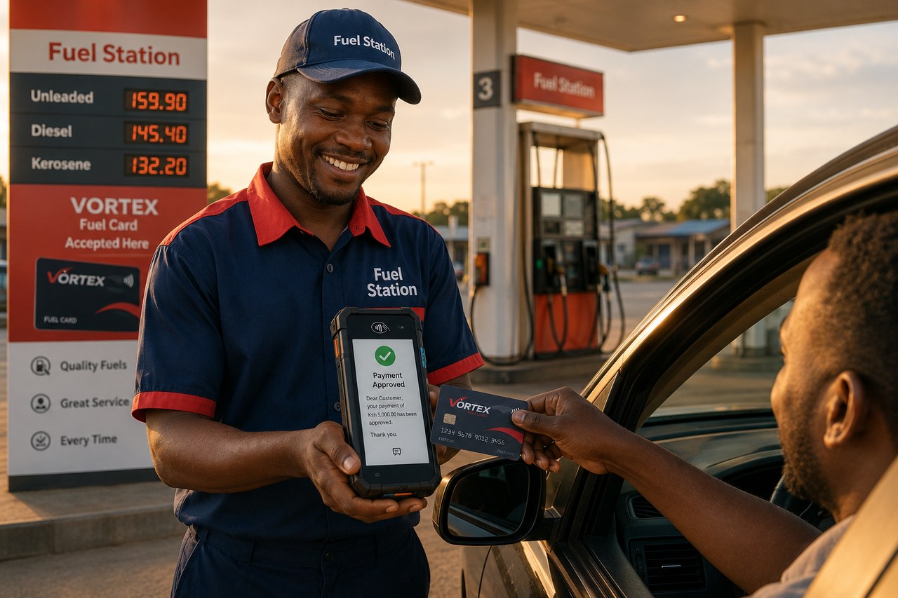 A station attendant taking a Vortex Fuel Card tap payment at the forecourt, payment approved on the terminal