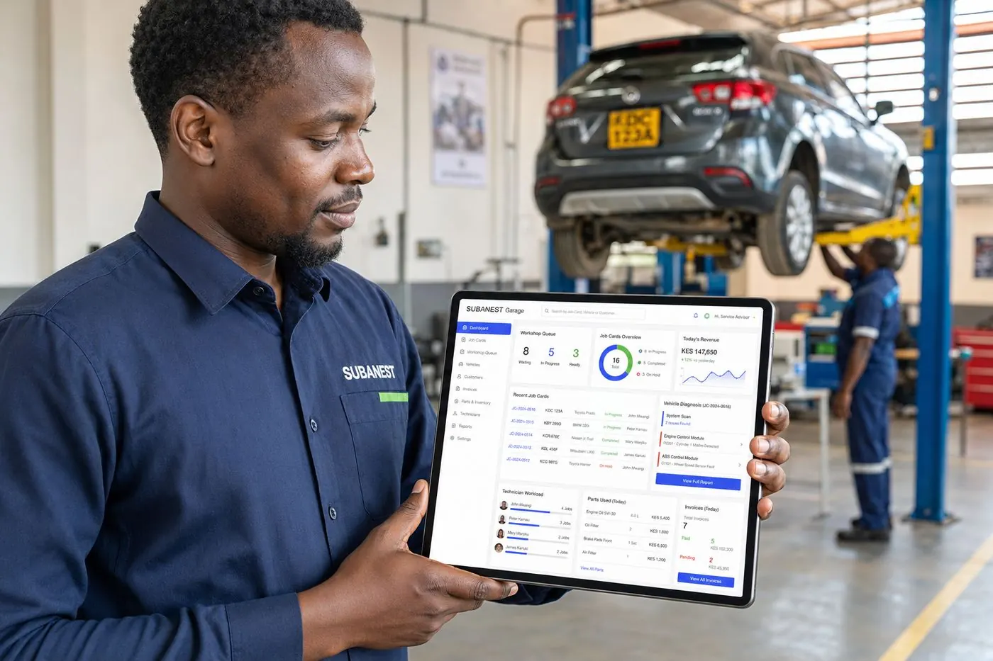 Illustration of a garage job card. Not a photograph of a mechanic or a customer.