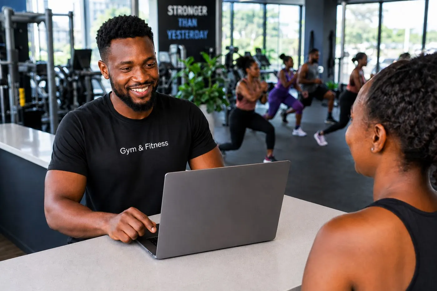 Illustration of a gym front desk and a check-in screen. Not a photograph of a gym or of members.