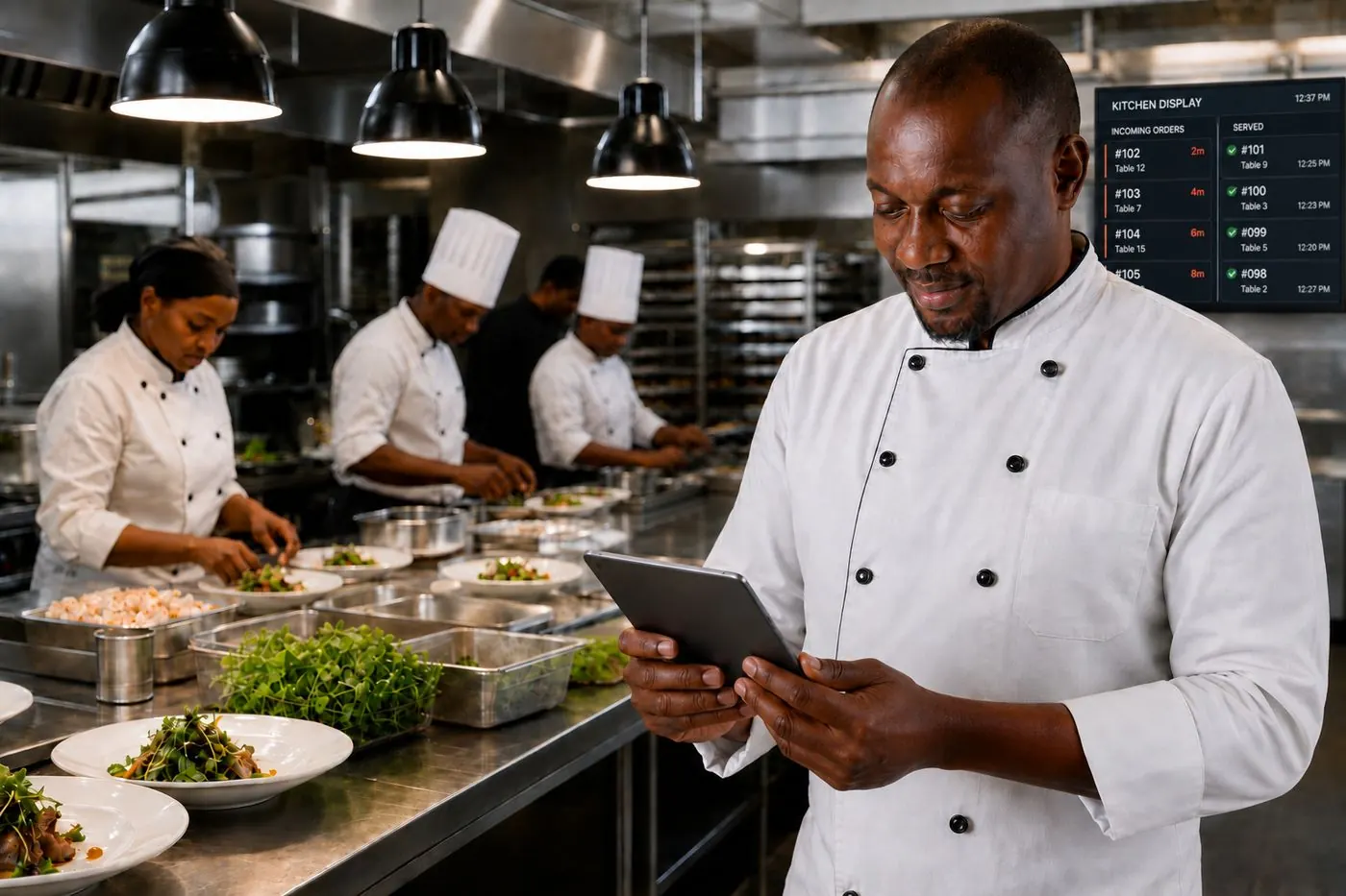 Illustration of a commissary kitchen and an order screen. Not a photograph of a chef or a customer.