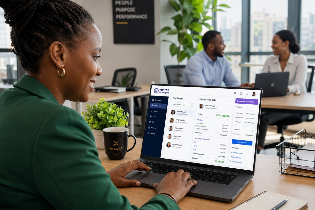 An HR manager running payroll in Vortex HR & Payroll, with a payslip and PAYE/NSSF/SHA breakdown on screen