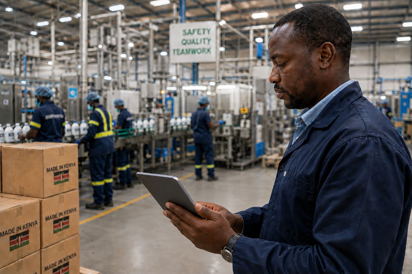 A production manager on the factory floor reviewing work orders on a tablet, VortexERP Enterprise running the plant