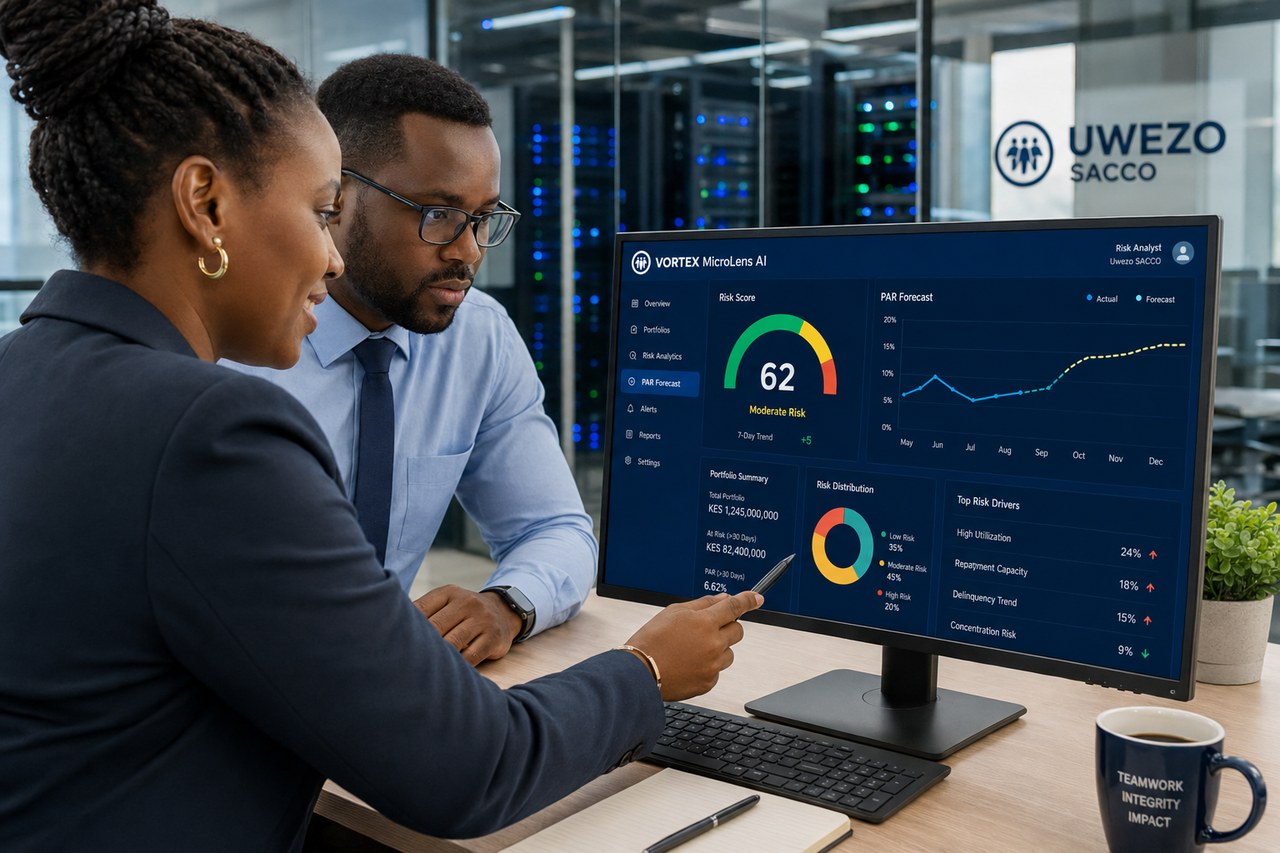 Two SACCO analysts reviewing the MicroLens AI risk-intelligence dashboard on-premise