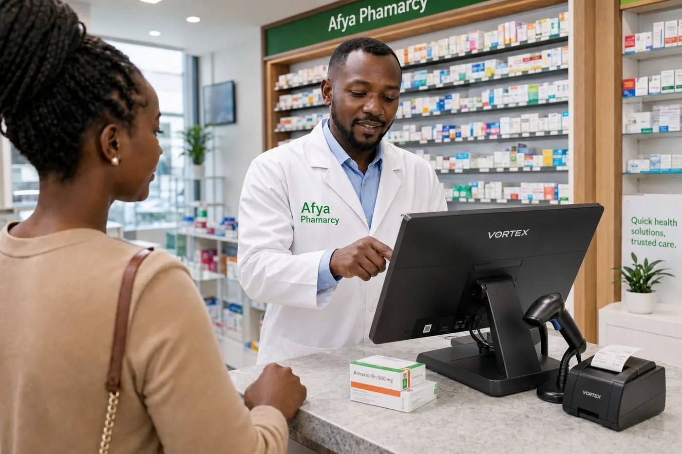 Illustration of a pharmacy counter and a dispensing screen. Not a photograph of a pharmacist or a customer.