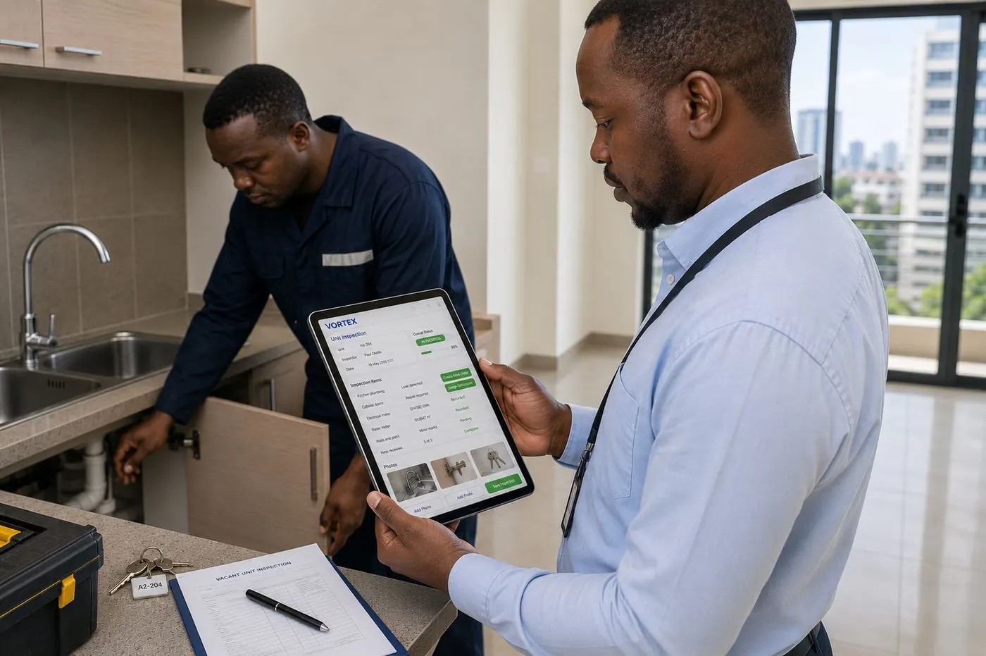 Illustration of a rent ledger with an M-Pesa receipt. Not a photograph of a manager or a tenant.