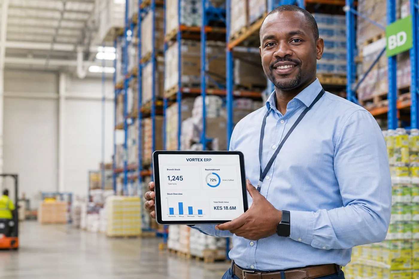 Illustration of a branch-stock screen in a distribution centre. Not a photograph of a manager or a store.