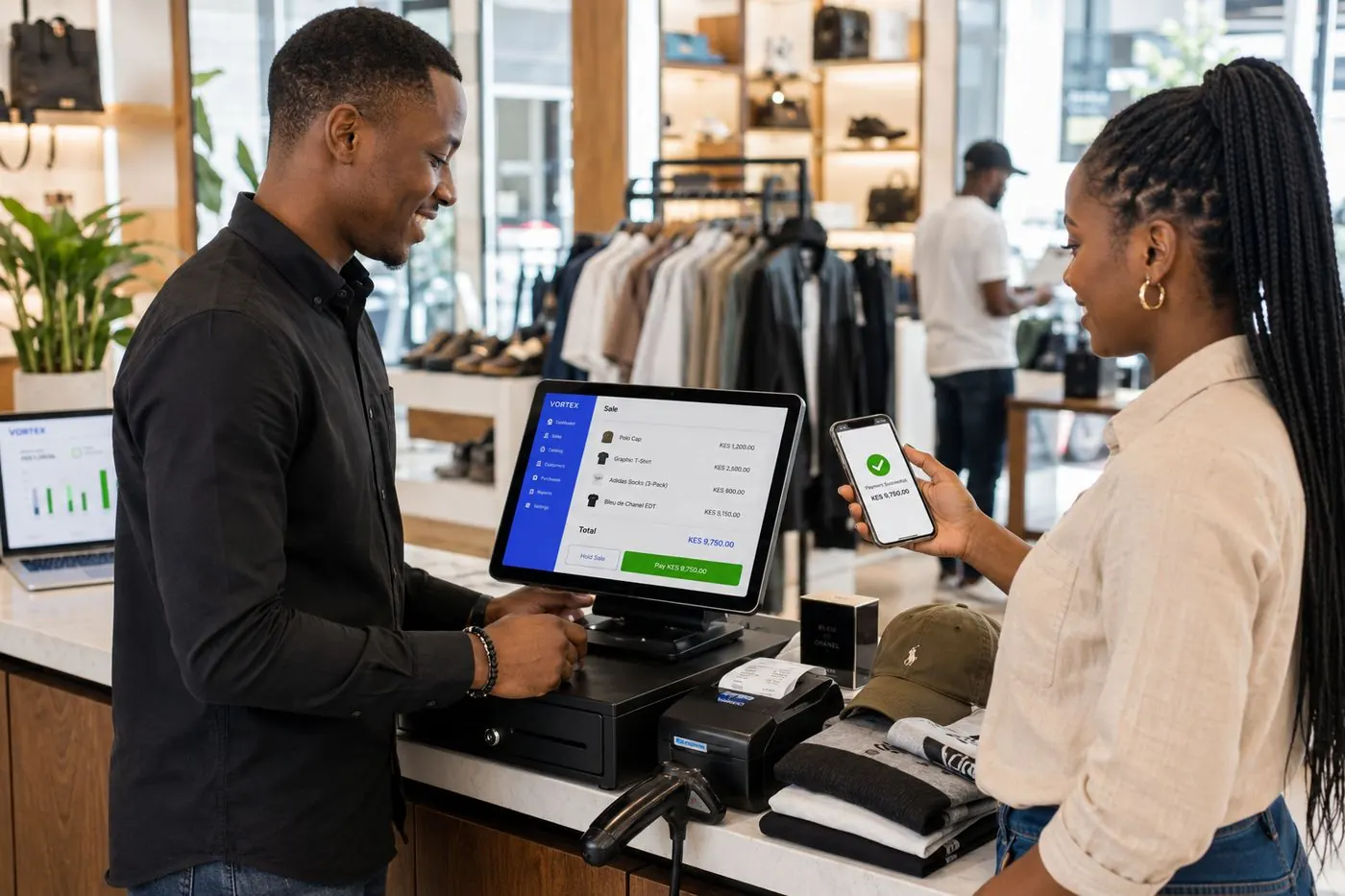 Illustration of a single shop counter with M-Pesa and an eTIMS receipt. Not a photograph of a shopkeeper or a customer.