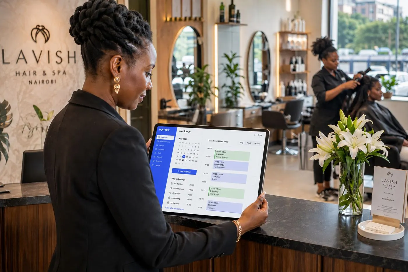 Illustration of a salon diary and a till. Not a photograph of a salon or of a client.
