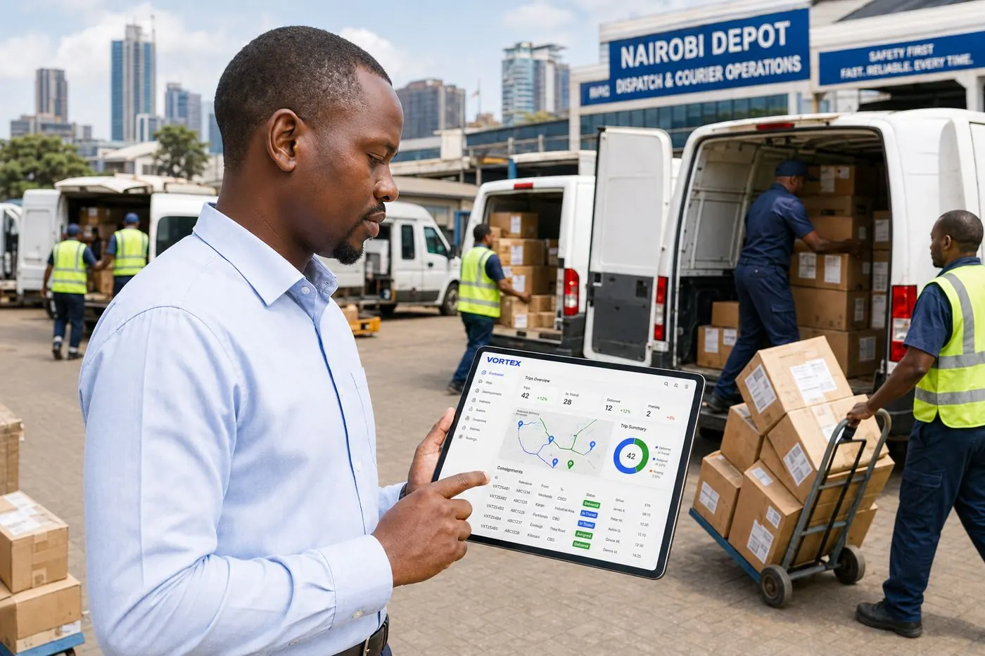 Illustration of a dispatch board and a waybill. Not a photograph of a rider or a customer.